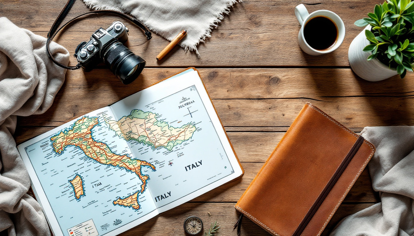 Reiseplanung auf dem Tisch für eine Rundreise Italien selbst planen mit Karte und Kamera