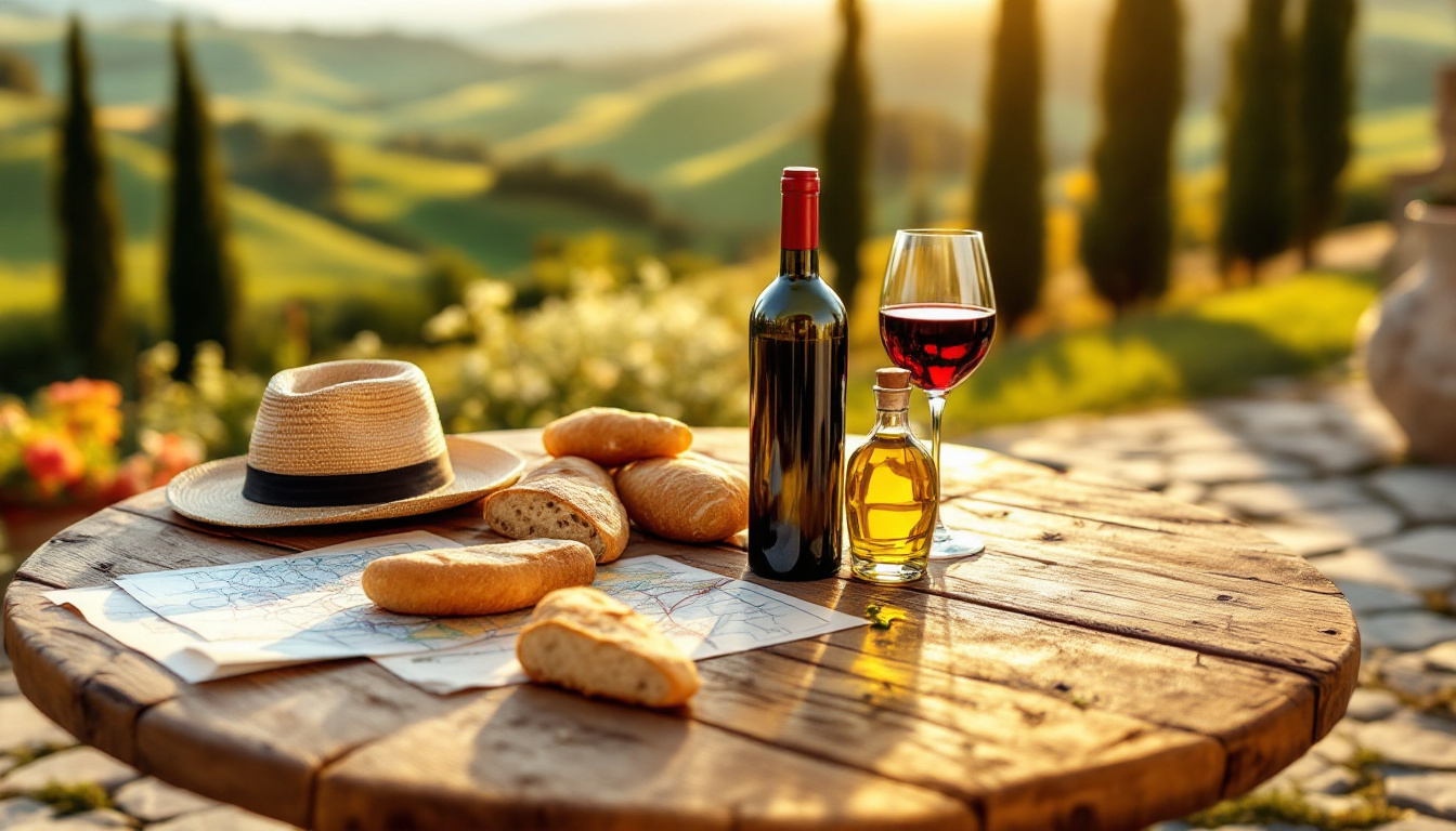 Toskana Urlaub Tipps für Erstbesucher: Terrasse mit Wein, Karte und Blick auf Zypressenhügel