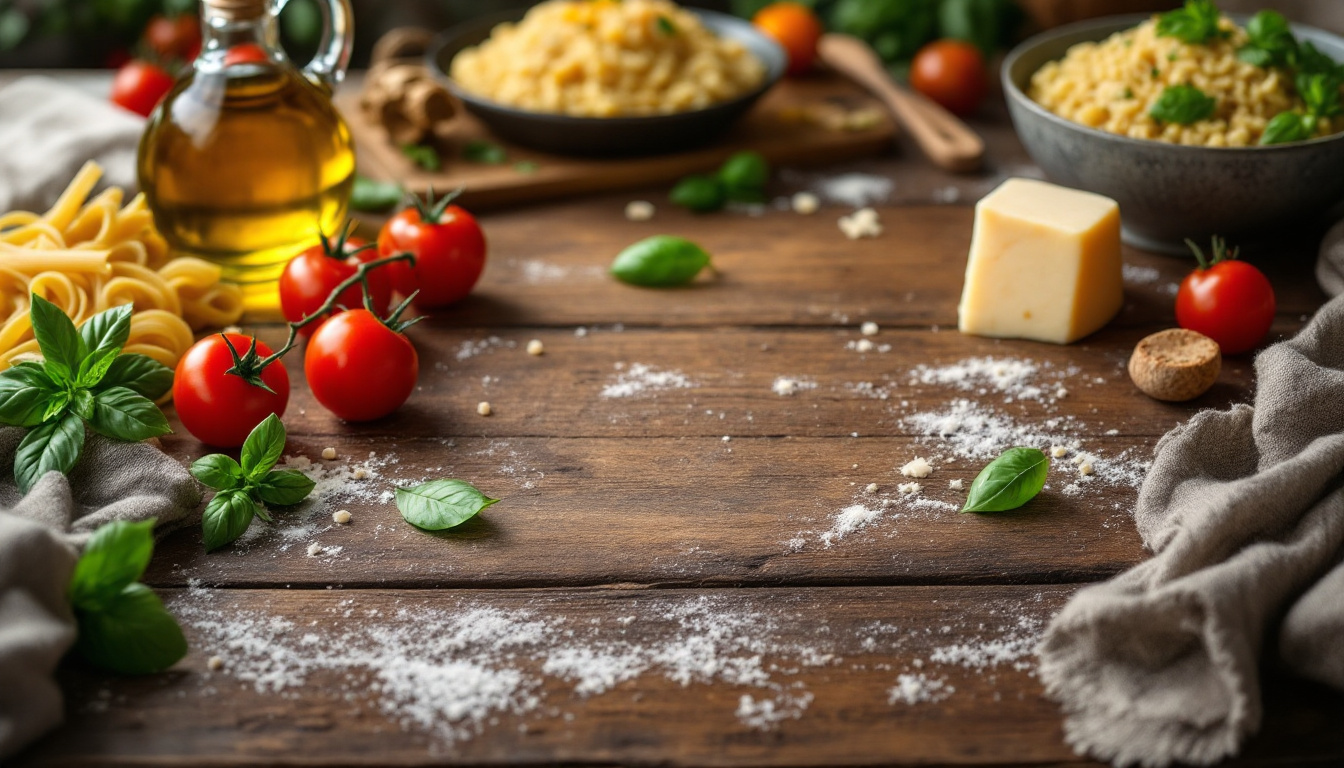Typische italienische Gerichte nach Region auf einem rustikalen Holztisch angerichtet