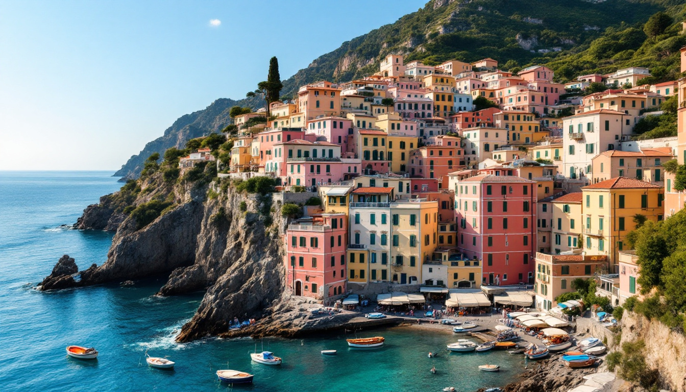 Farbige Häuser an der italien Küste über türkisem Meer mit Booten im Hafen