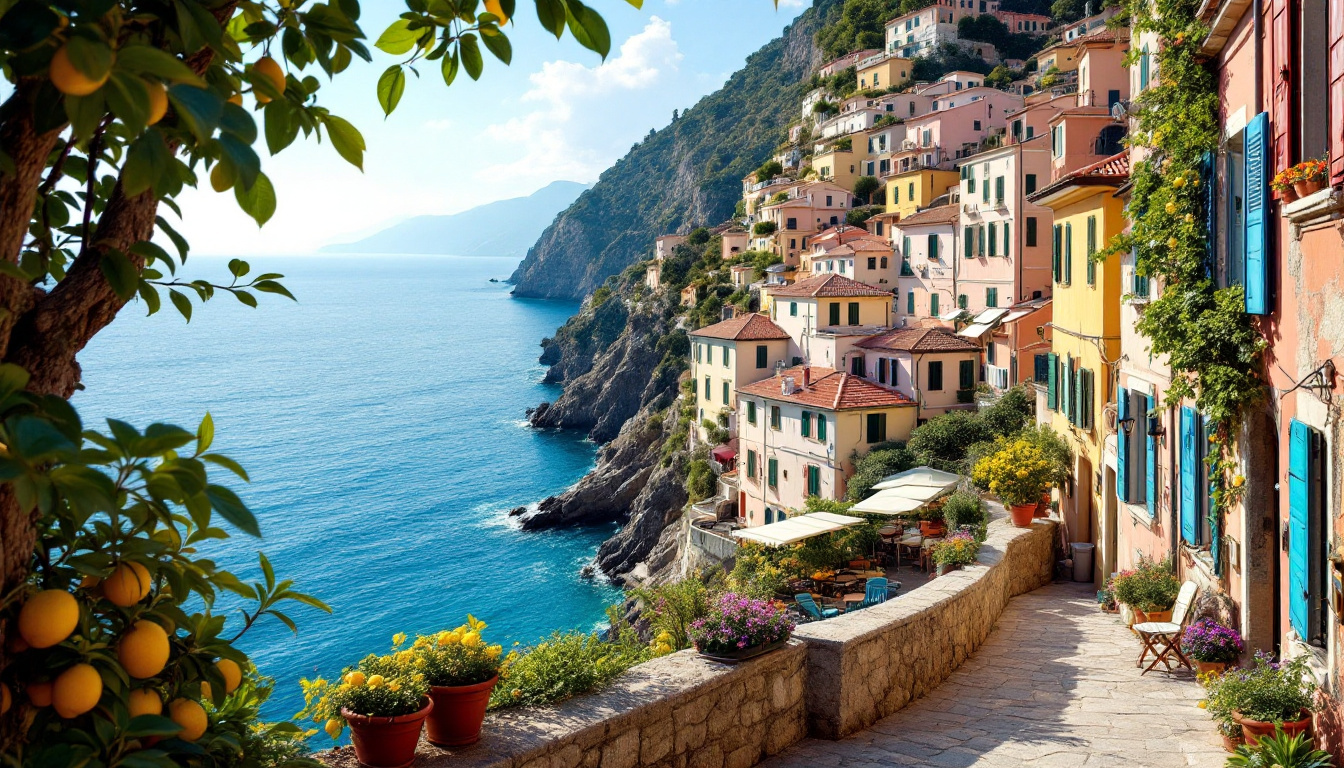 Italien Reiseziele: farbenfrohes Küstendorf an der Amalfiküste mit Klippen und Meer