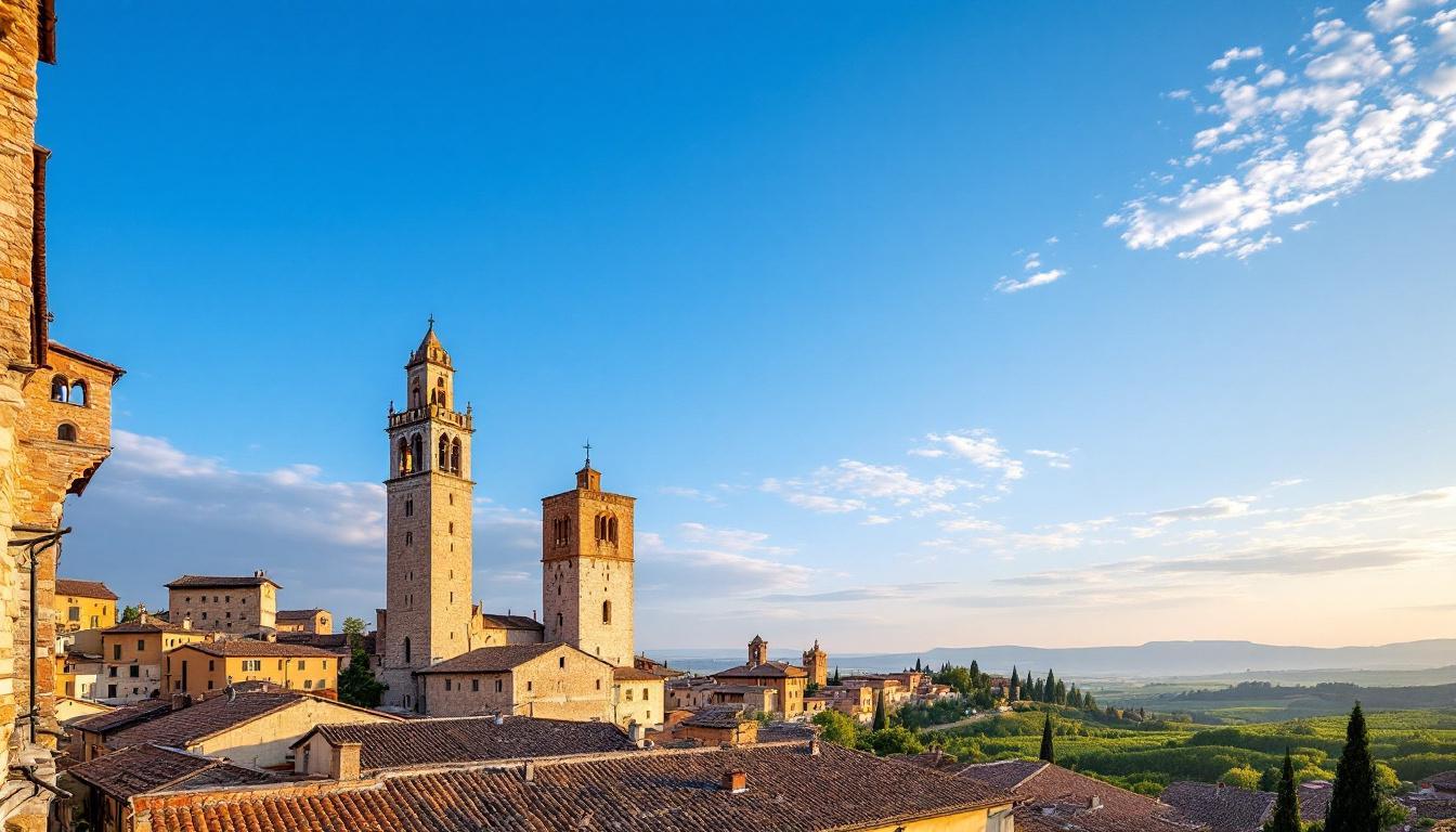 Italien San Gimignano mit mittelalterlichen Türmen und Weinbergen in der Toskana