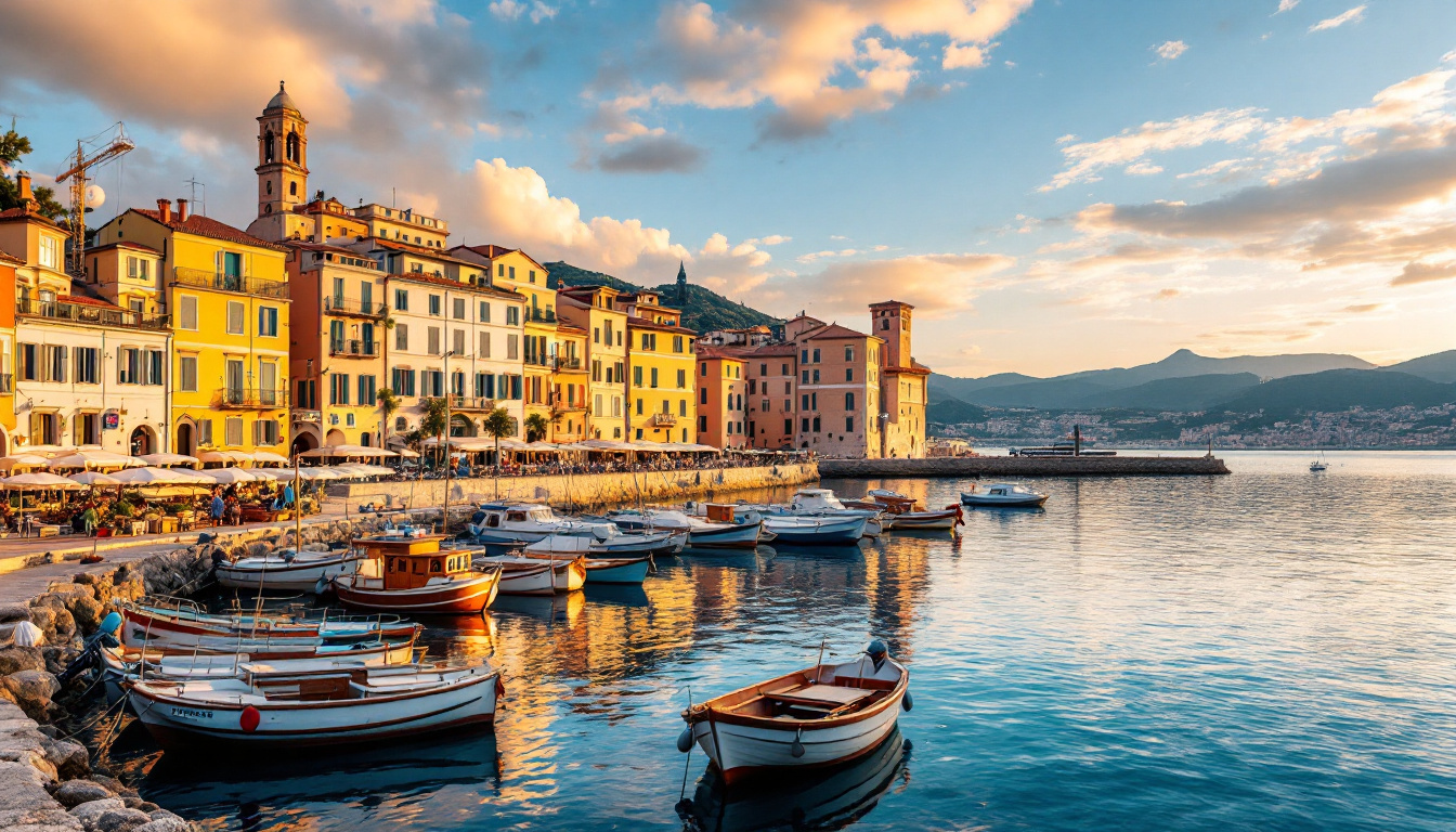 Italien Städte am Meer: Hafen einer Küstenstadt mit bunten Häusern und Booten