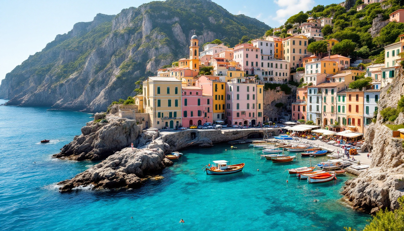 Meer in Italien mit türkisem Wasser, Steilküste und bunten Häusern über einem Hafen